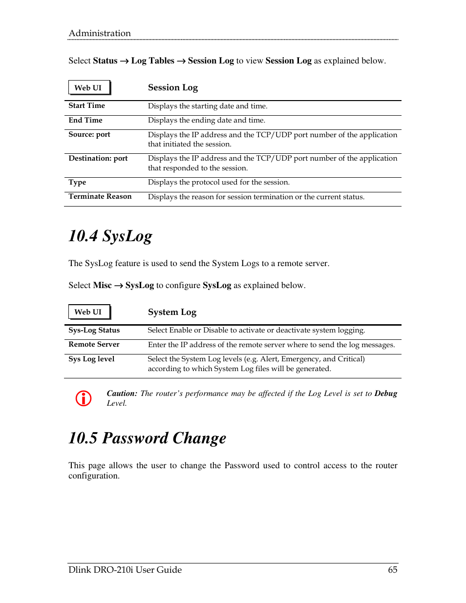 Assword, Hange, 4 syslog | 5 password change | D-Link DRO-210i User Manual | Page 65 / 78