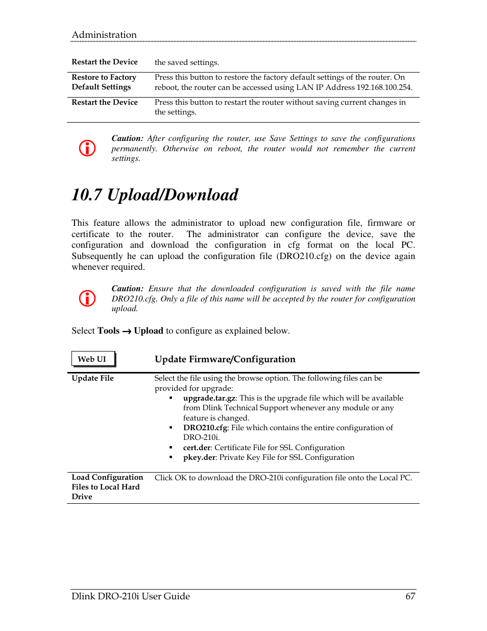 Pload, Ownload, 7 upload/download | D-Link DRO-210i User Manual | Page 67 / 78