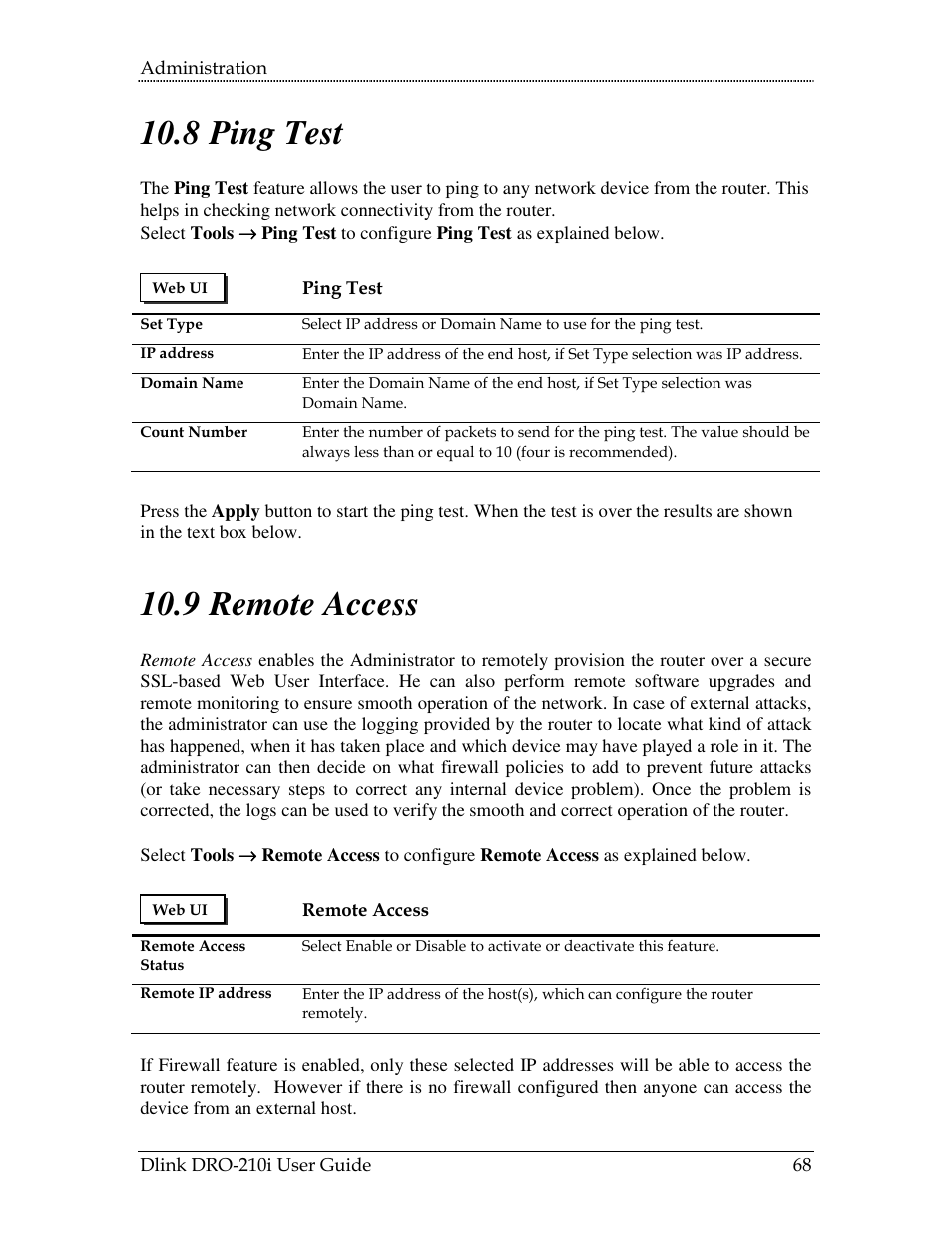 Emote, Ccess, 8 ping test | 9 remote access | D-Link DRO-210i User Manual | Page 68 / 78