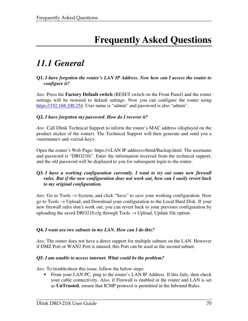 11 frequently asked questions, Eneral, 1 general | D-Link DRO-210i User Manual | Page 70 / 78