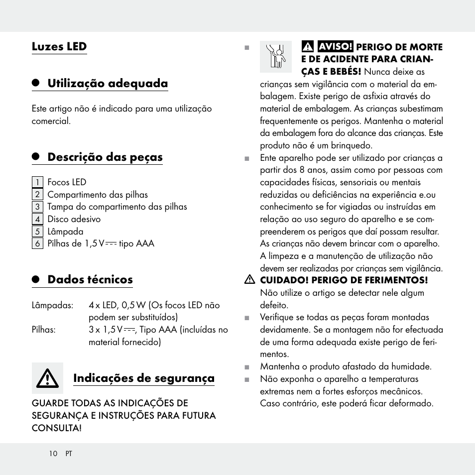 Luzes led, Utilização adequada, Descrição das peças | Dados técnicos, Indicações de segurança | Livarno Z29538A /Z29538B User Manual | Page 10 / 19