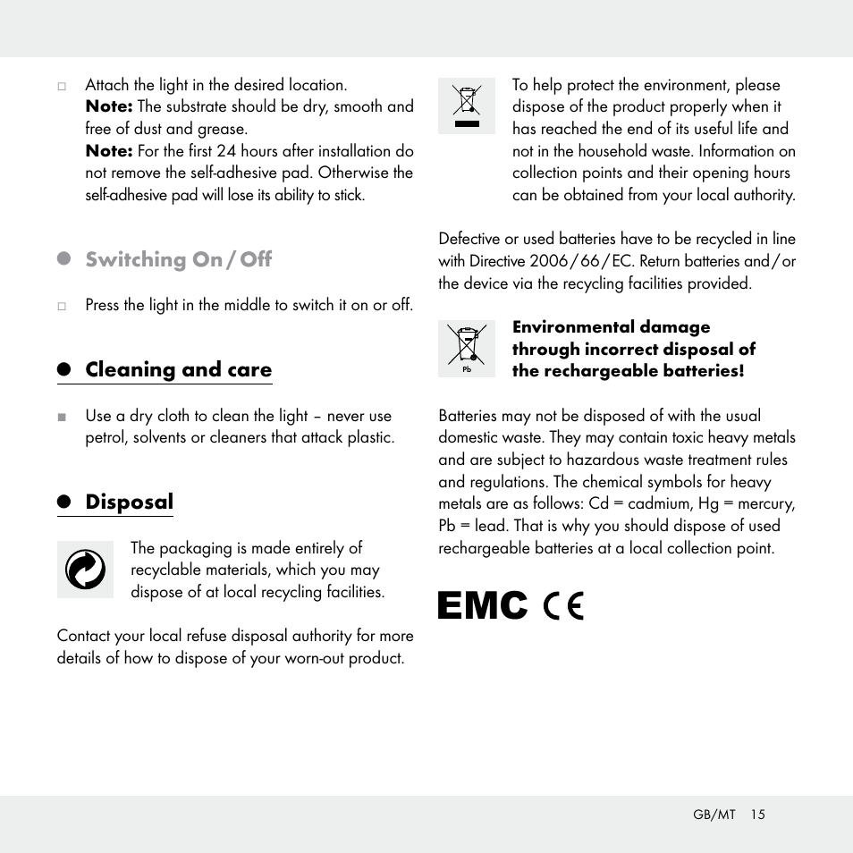 Switching on / off, Cleaning and care, Disposal | Livarno Z29538A /Z29538B User Manual | Page 15 / 19