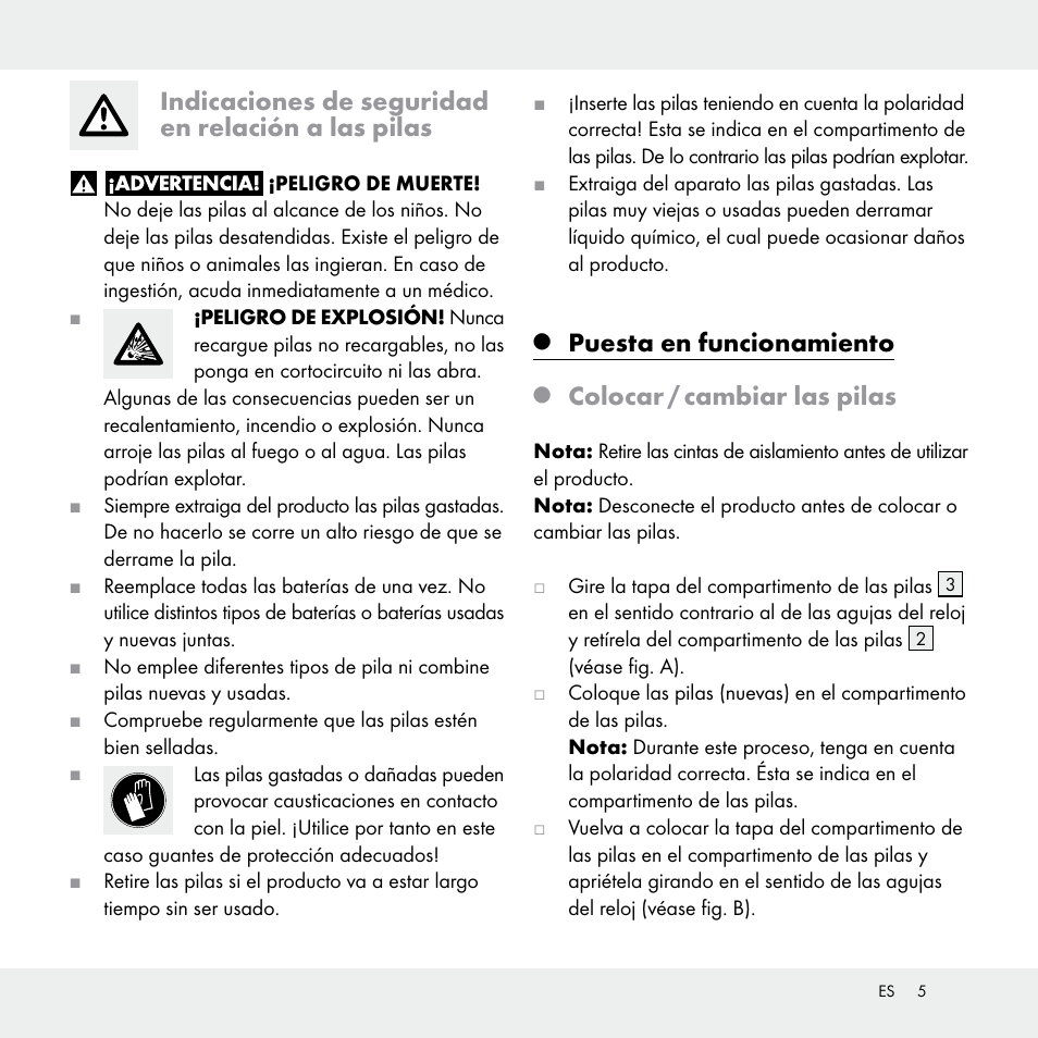 Indicaciones de seguridad en relación a las pilas, Puesta en funcionamiento, Colocar / cambiar las pilas | Livarno Z29538A /Z29538B User Manual | Page 5 / 19