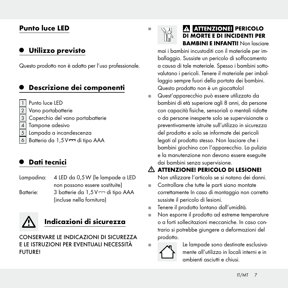 Punto luce led, Utilizzo previsto, Descrizione dei componenti | Dati tecnici, Indicazioni di sicurezza | Livarno Z29538A /Z29538B User Manual | Page 7 / 19