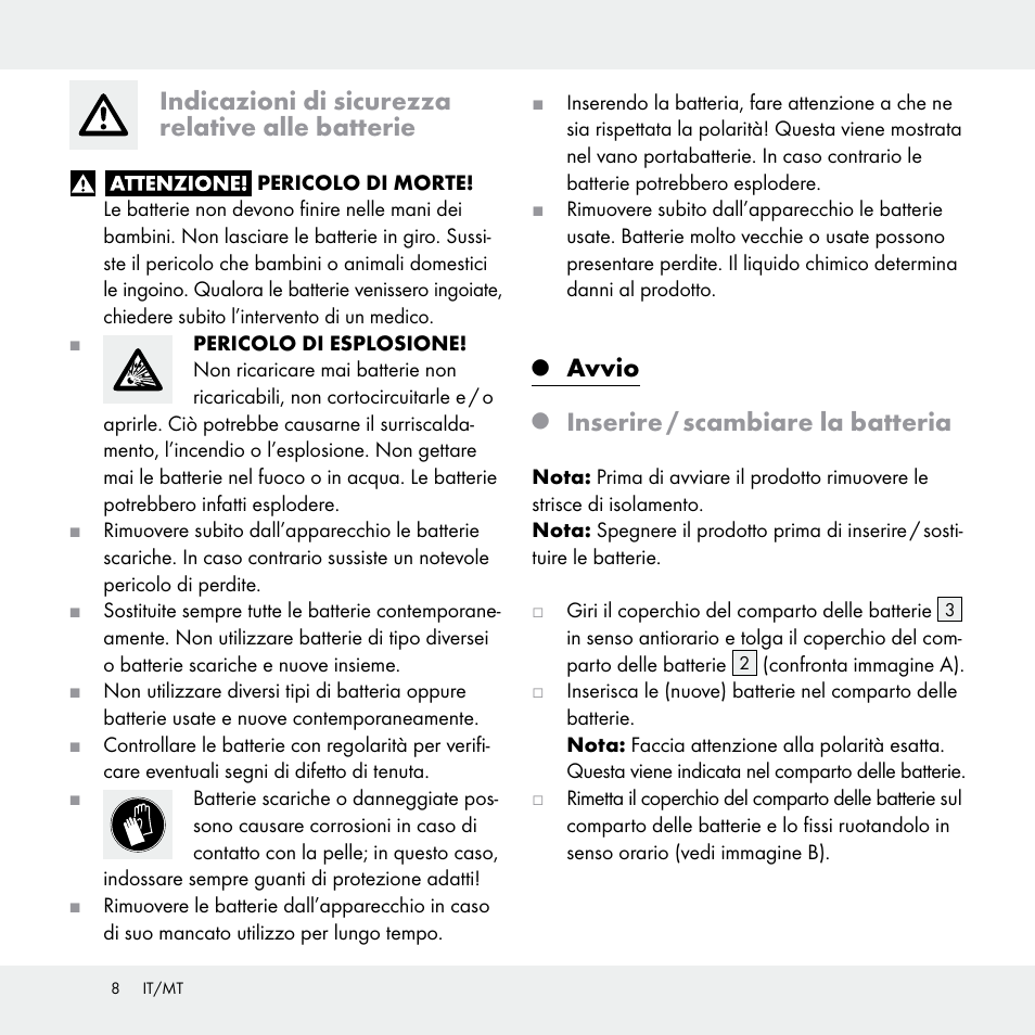 Indicazioni di sicurezza relative alle batterie, Avvio, Inserire / scambiare la batteria | Livarno Z29538A /Z29538B User Manual | Page 8 / 19