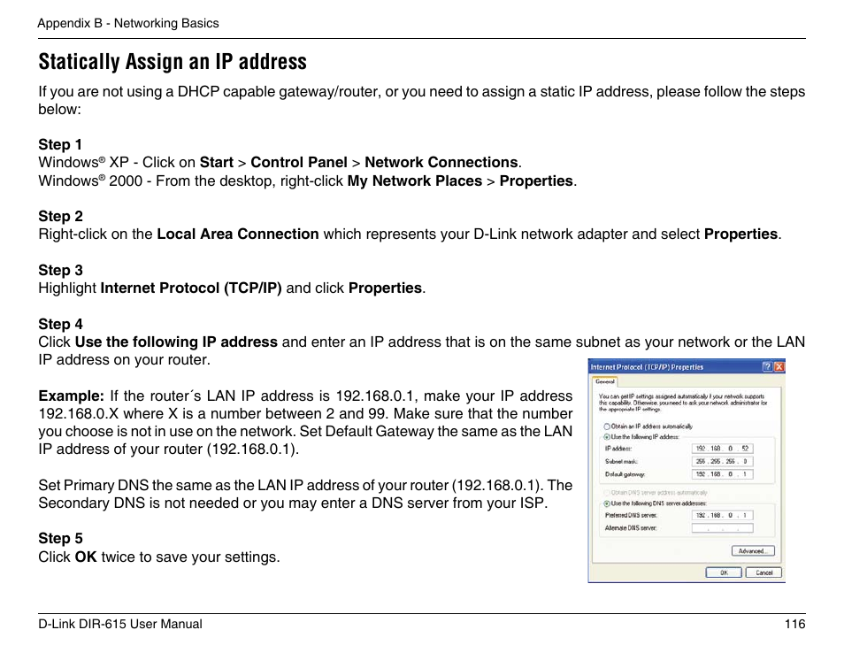 Statically assign an ip address | D-Link DIR-615 User Manual | Page 116 / 117