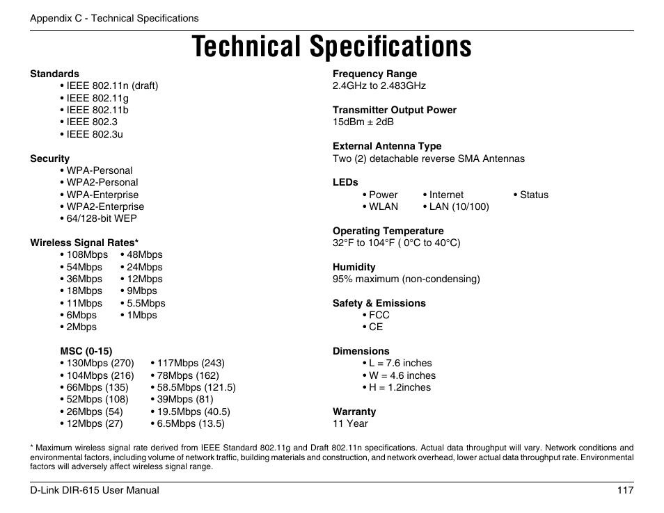 Technical specifications | D-Link DIR-615 User Manual | Page 117 / 117