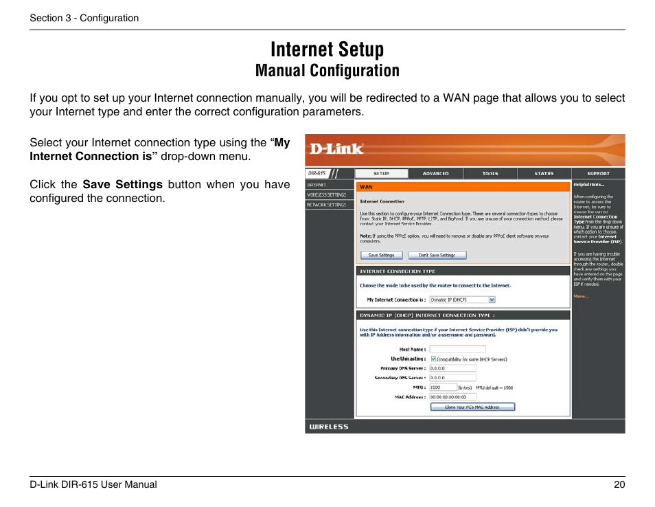 Internet setup, Manual configuration | D-Link DIR-615 User Manual | Page 20 / 117