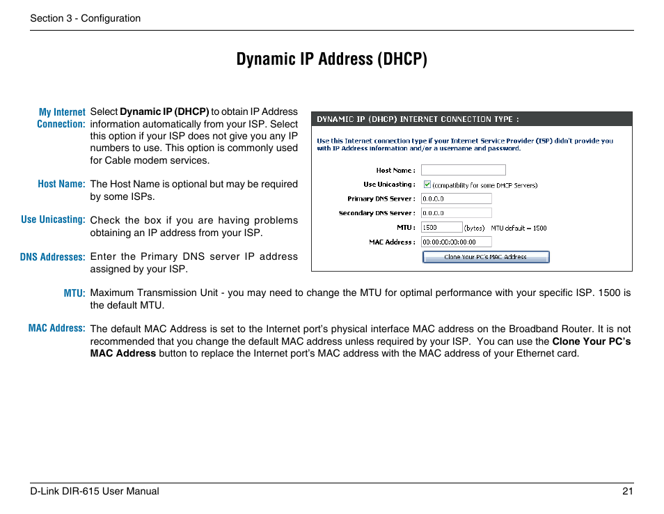 Dynamic ip address (dhcp) | D-Link DIR-615 User Manual | Page 21 / 117