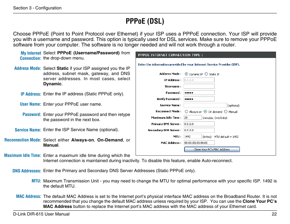 Pppoe (dsl) | D-Link DIR-615 User Manual | Page 22 / 117