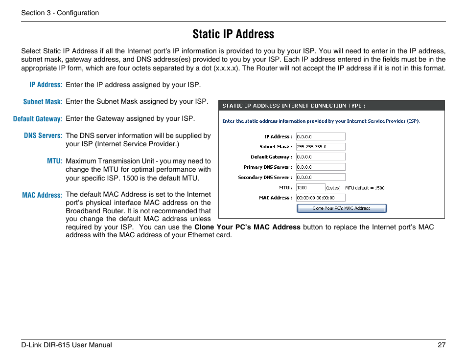 Static ip address | D-Link DIR-615 User Manual | Page 27 / 117