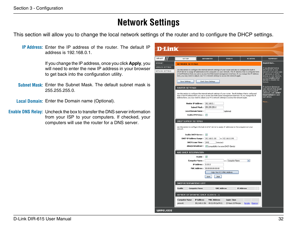 Network settings | D-Link DIR-615 User Manual | Page 32 / 117