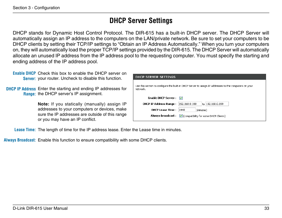 Dhcp server settings | D-Link DIR-615 User Manual | Page 33 / 117