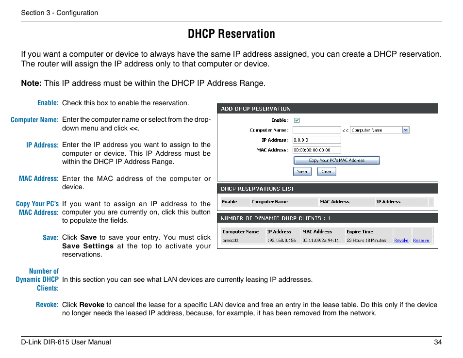 Dhcp reservation | D-Link DIR-615 User Manual | Page 34 / 117