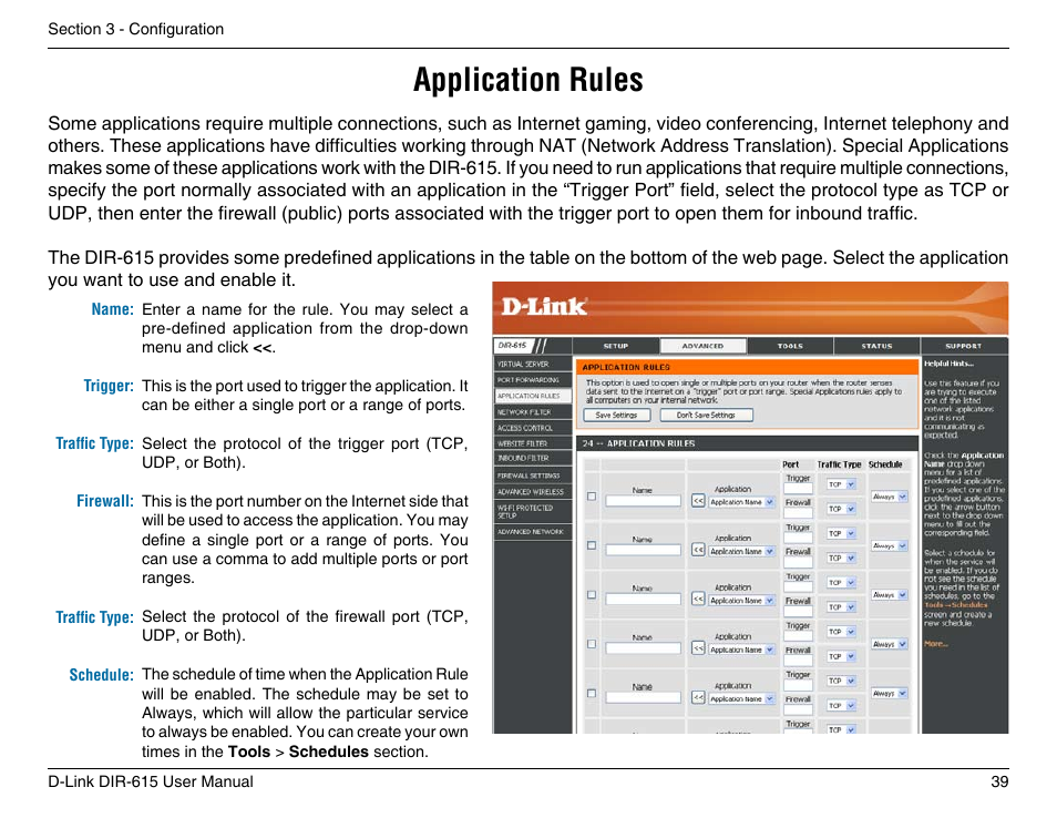Application rules | D-Link DIR-615 User Manual | Page 39 / 117
