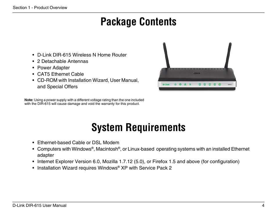 Product overview, System requirements, Package contents | D-Link DIR-615 User Manual | Page 4 / 117