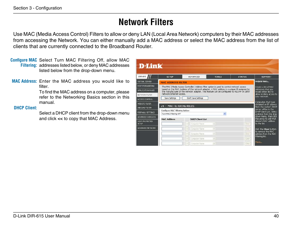Network filters | D-Link DIR-615 User Manual | Page 40 / 117