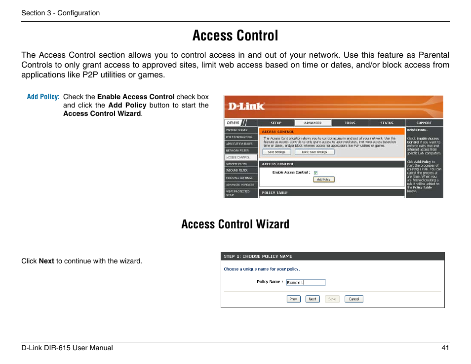 Access control, Access control wizard | D-Link DIR-615 User Manual | Page 41 / 117