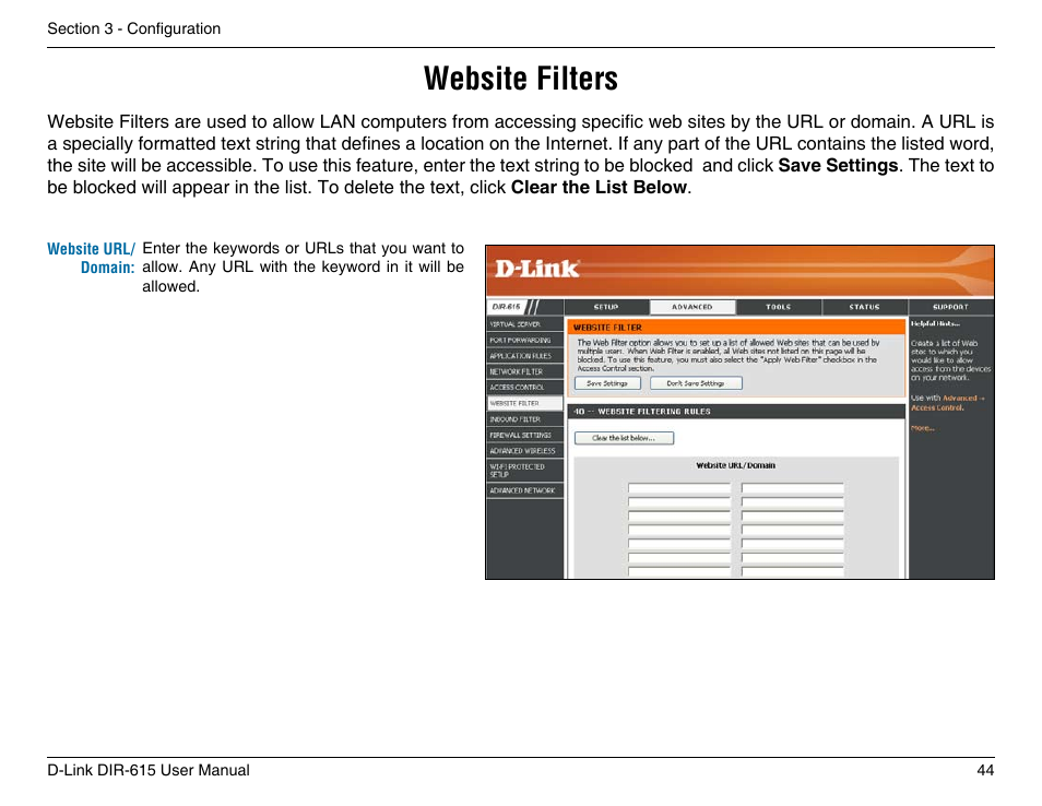 Website filters | D-Link DIR-615 User Manual | Page 44 / 117