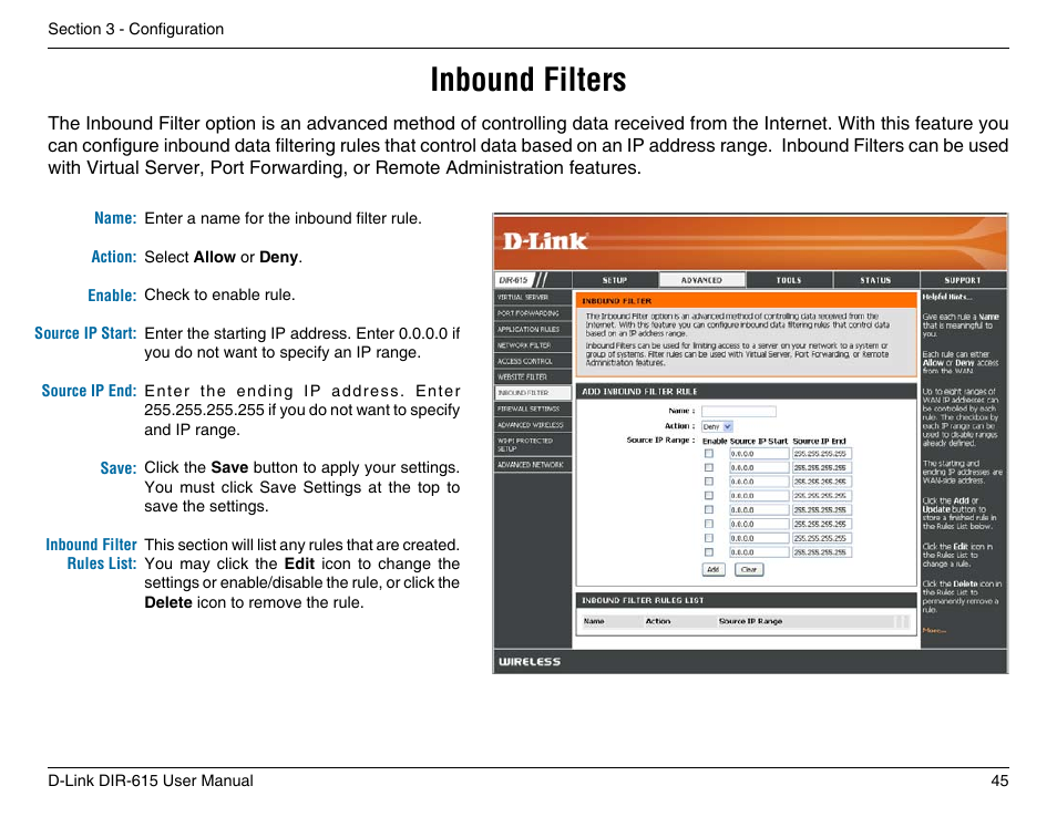 Inbound filters | D-Link DIR-615 User Manual | Page 45 / 117
