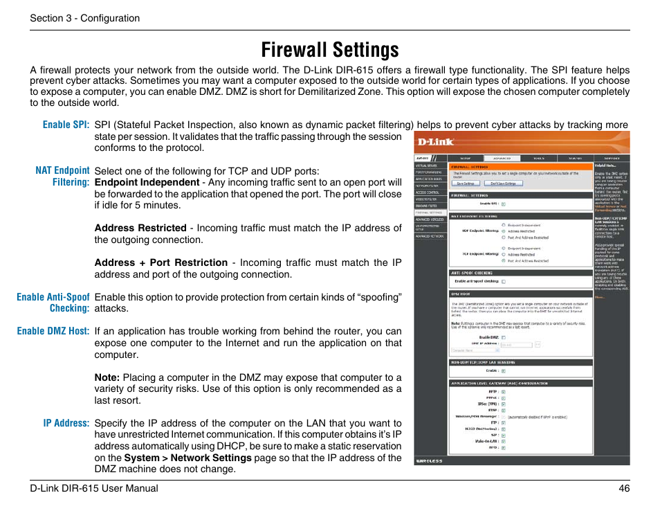 Firewall settings | D-Link DIR-615 User Manual | Page 46 / 117