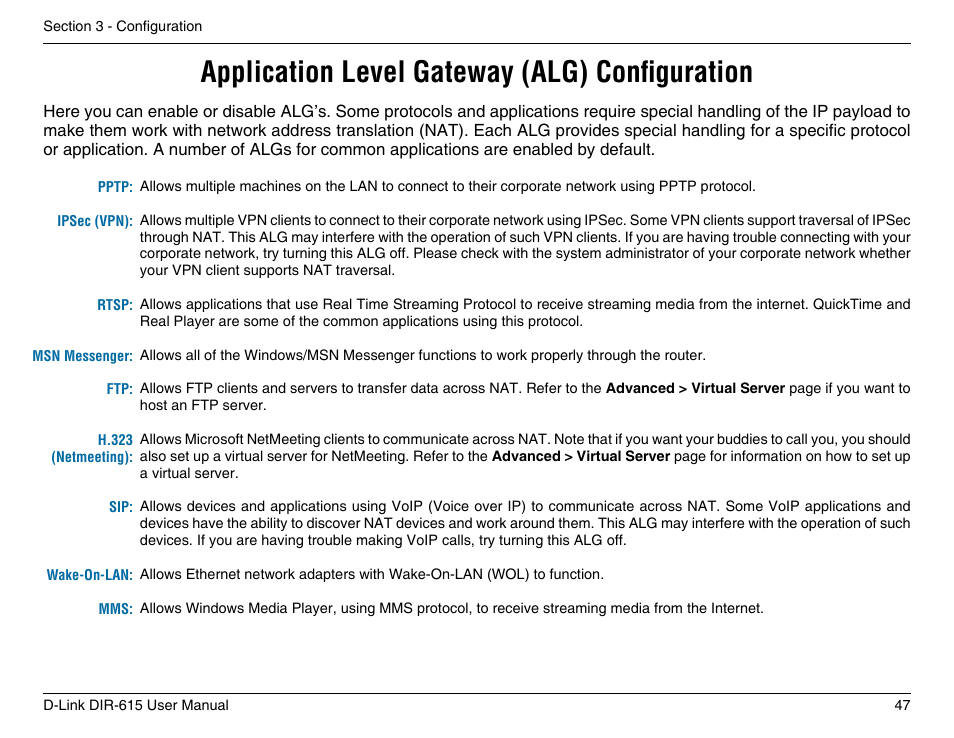 Application level gateway (alg) configuration | D-Link DIR-615 User Manual | Page 47 / 117