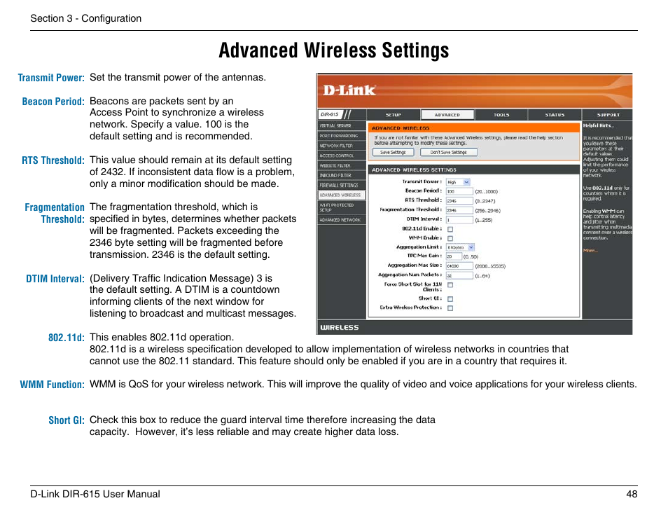 Advanced wireless settings | D-Link DIR-615 User Manual | Page 48 / 117