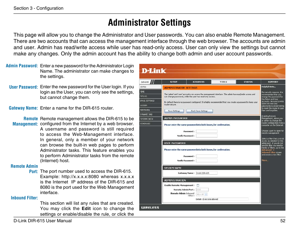 Administrator settings | D-Link DIR-615 User Manual | Page 52 / 117