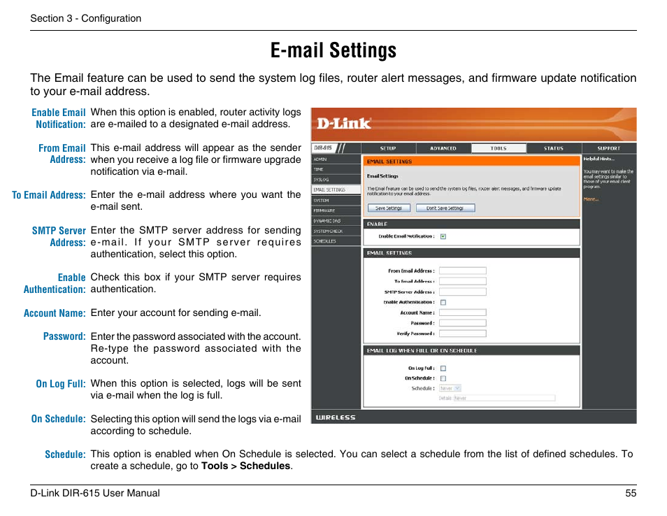 E-mail settings | D-Link DIR-615 User Manual | Page 55 / 117