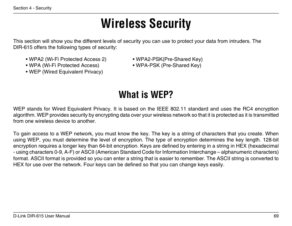 Wireless security, What is wep | D-Link DIR-615 User Manual | Page 69 / 117