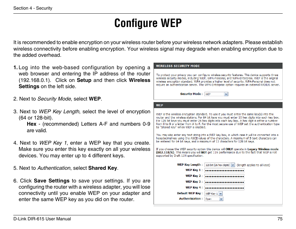 Configure wep | D-Link DIR-615 User Manual | Page 75 / 117