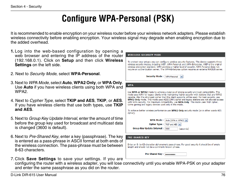 Configure wpa-personal (psk) | D-Link DIR-615 User Manual | Page 76 / 117