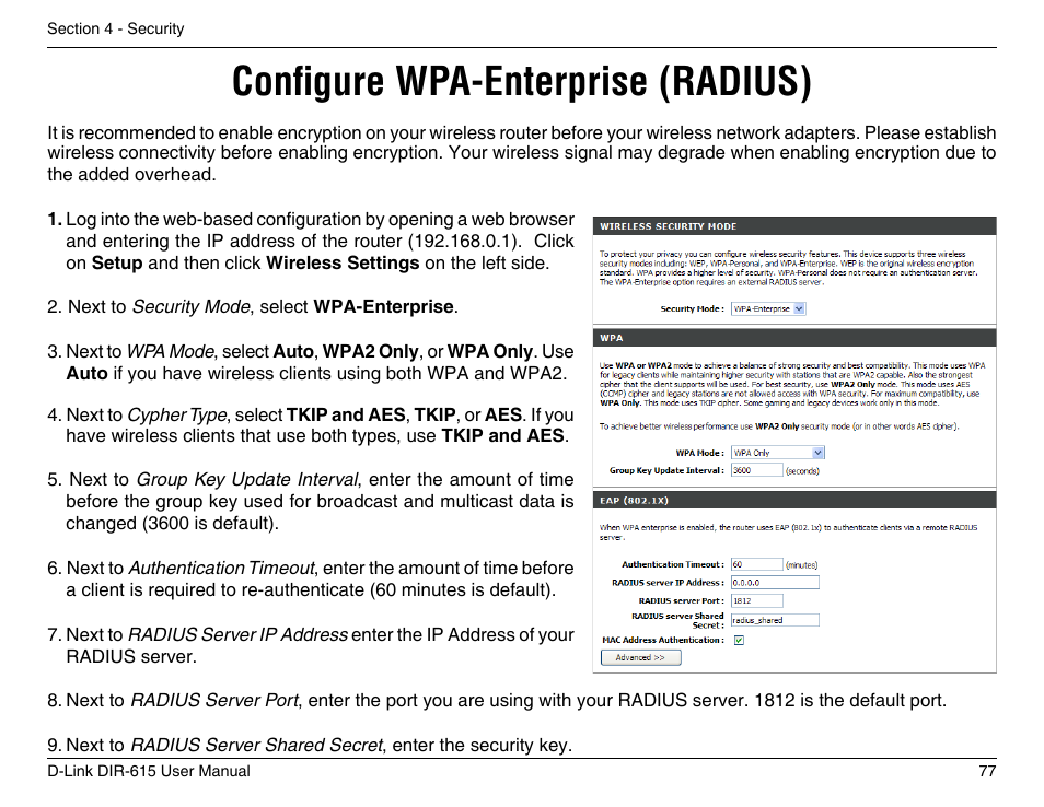 Configure wpa-enterprise (radius) | D-Link DIR-615 User Manual | Page 77 / 117