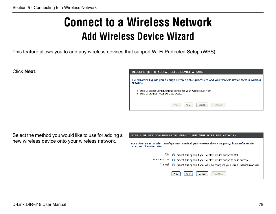 Connect to a wireless network, Add wireless device wizard | D-Link DIR-615 User Manual | Page 79 / 117