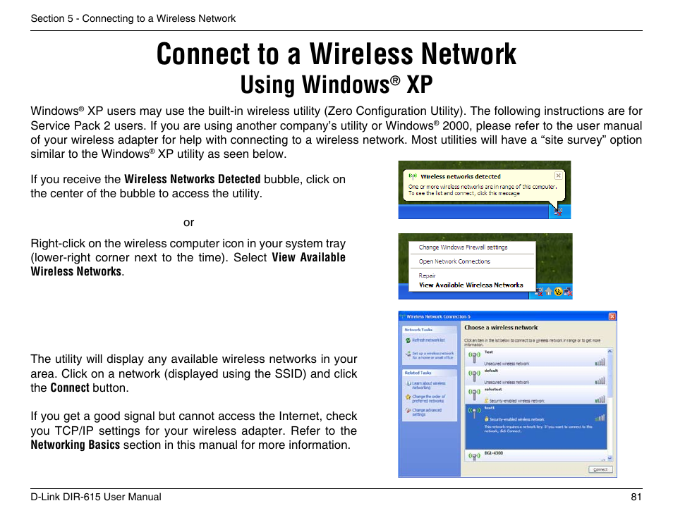 Connect to a wireless network, Using windows | D-Link DIR-615 User Manual | Page 81 / 117