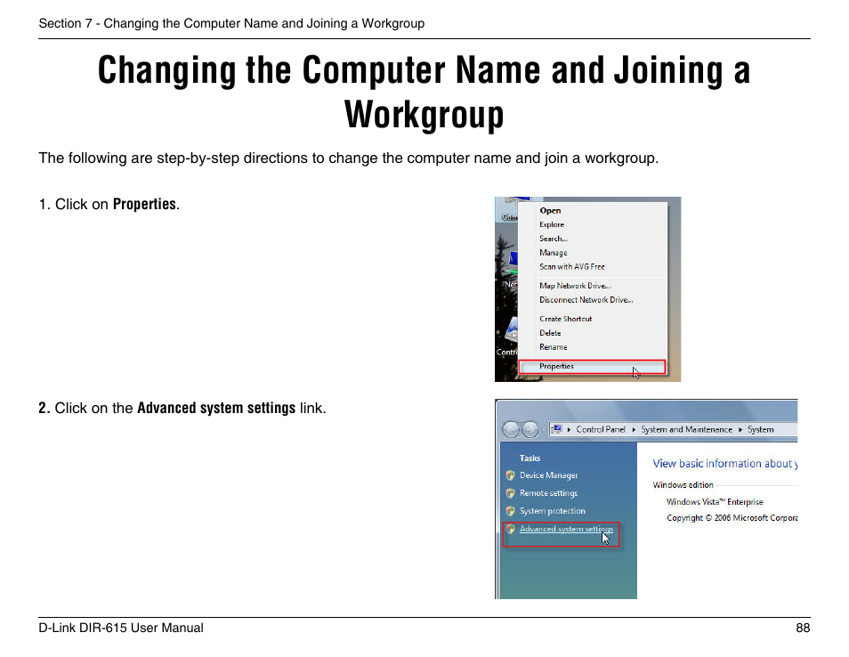 Changing the computer name and joining a workgroup | D-Link DIR-615 User Manual | Page 88 / 117