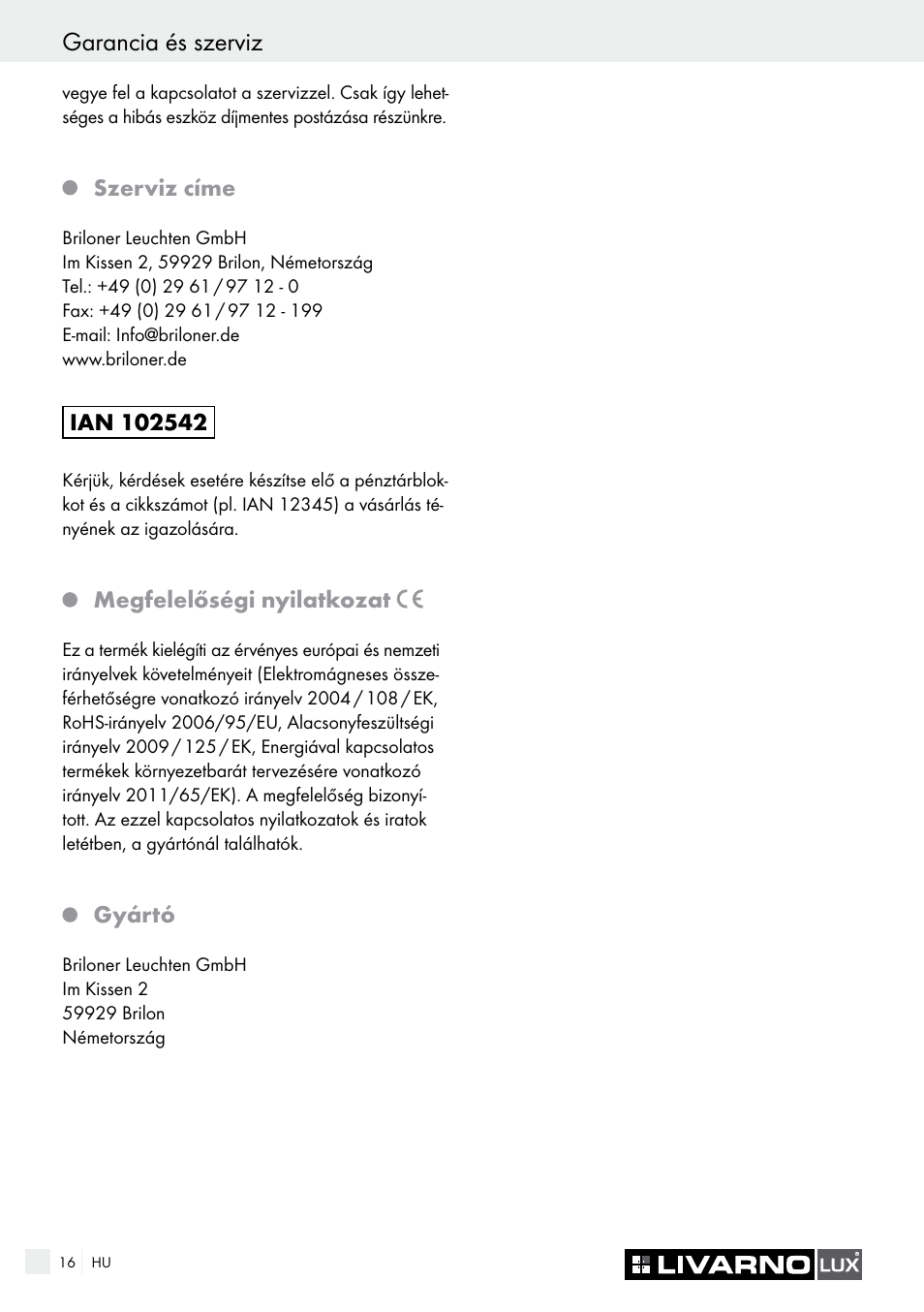 Garancia és szerviz | Livarno 7226 User Manual | Page 16 / 43