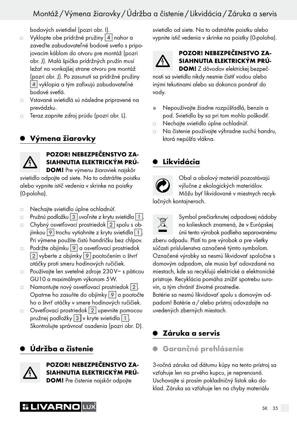 Výmena žiarovky, Údržba a čistenie, Likvidácia | Záruka a servis garančné prehlásenie | Livarno 7226 User Manual | Page 35 / 43