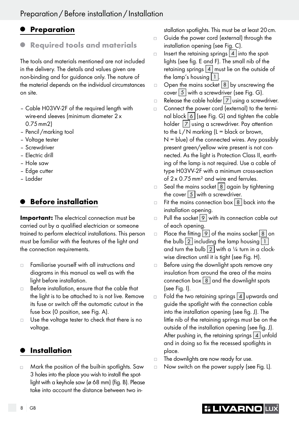 Preparation / before installation / installation, Preparation, Required tools and materials | Before installation, Installation | Livarno 7226 User Manual | Page 8 / 43