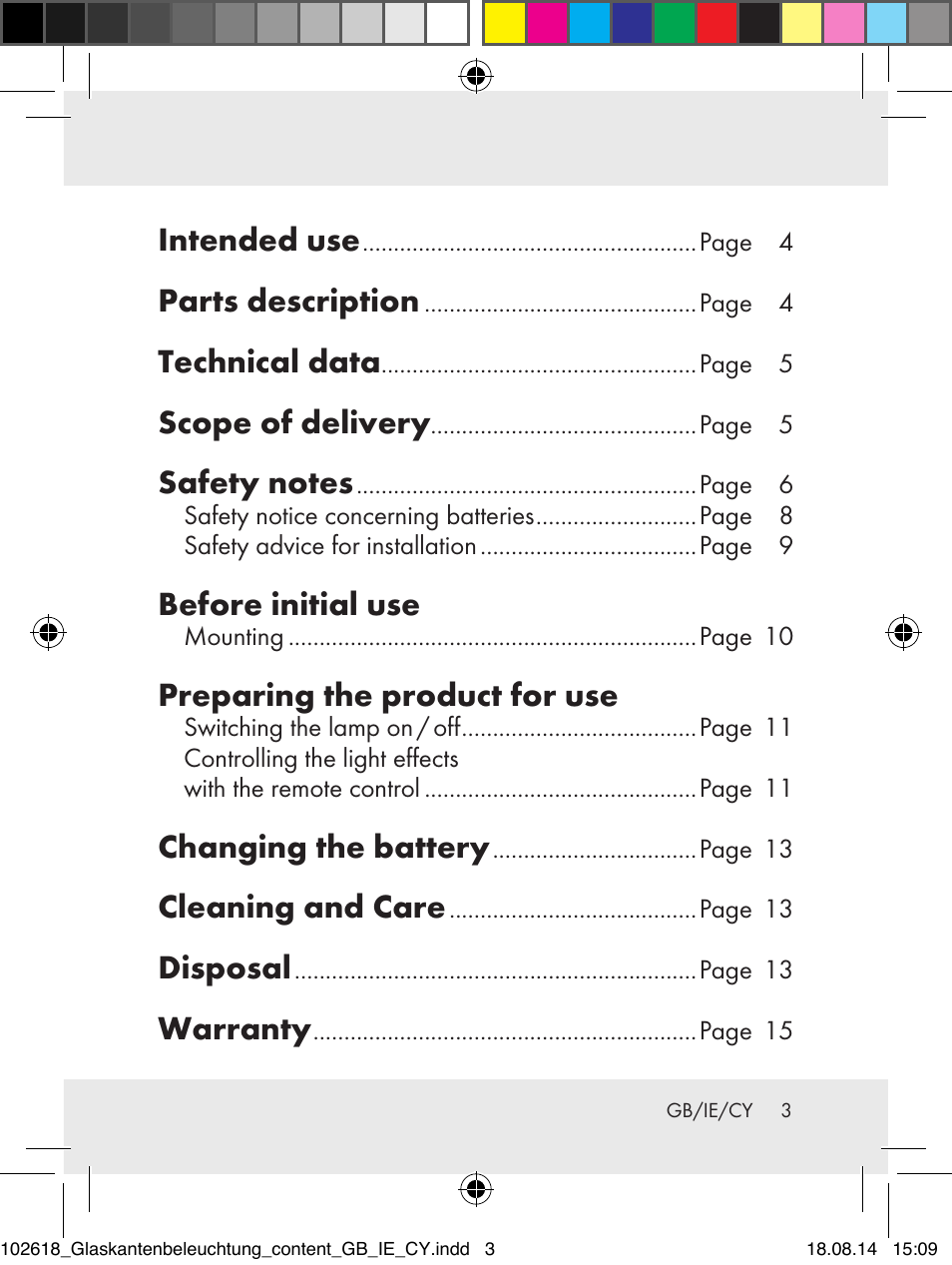 Intended use, Parts description, Technical data | Scope of delivery, Before initial use, Preparing the product for use, Changing the battery, Cleaning and care, Disposal, Warranty | Livarno 102618-14-01-BS User Manual | Page 3 / 34