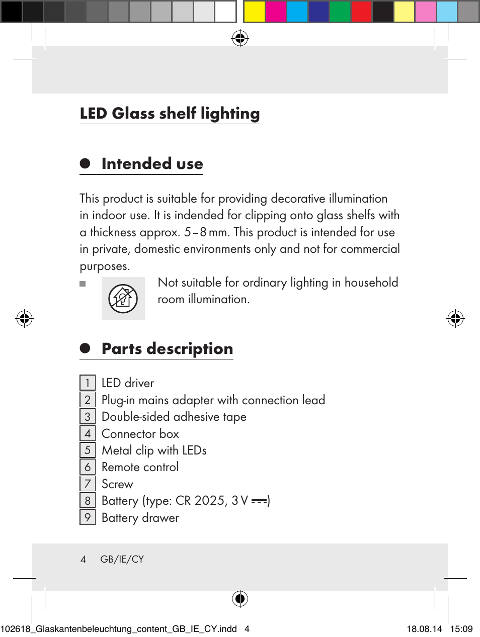 Led glass shelf lighting, Intended use, Parts description | Livarno 102618-14-01-BS User Manual | Page 4 / 34