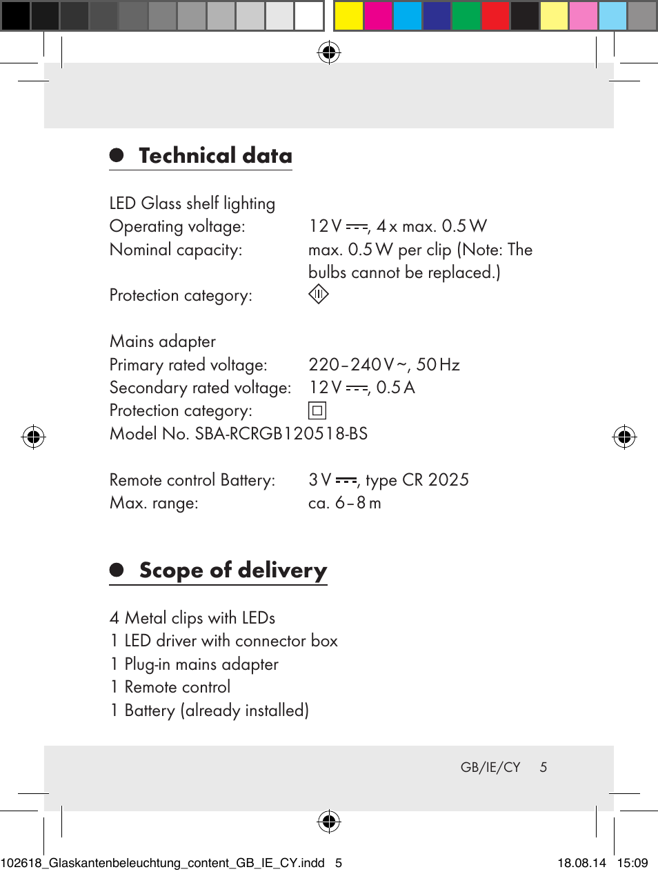 Technical data, Scope of delivery | Livarno 102618-14-01-BS User Manual | Page 5 / 34