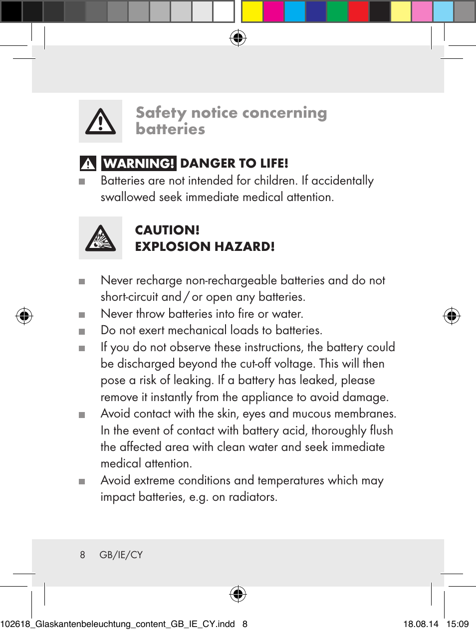 Safety notice concerning batteries | Livarno 102618-14-01-BS User Manual | Page 8 / 34