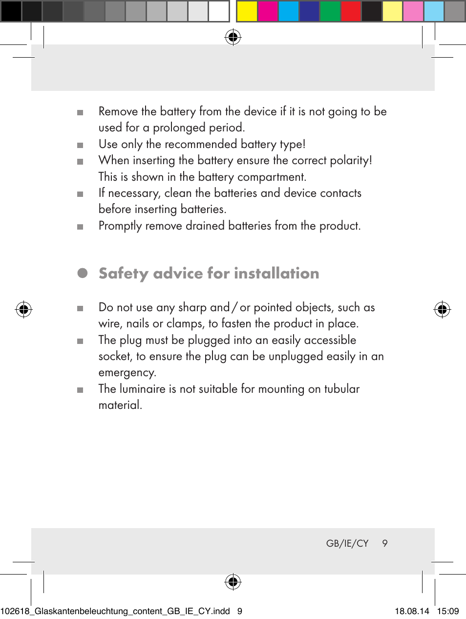 Safety advice for installation | Livarno 102618-14-01-BS User Manual | Page 9 / 34