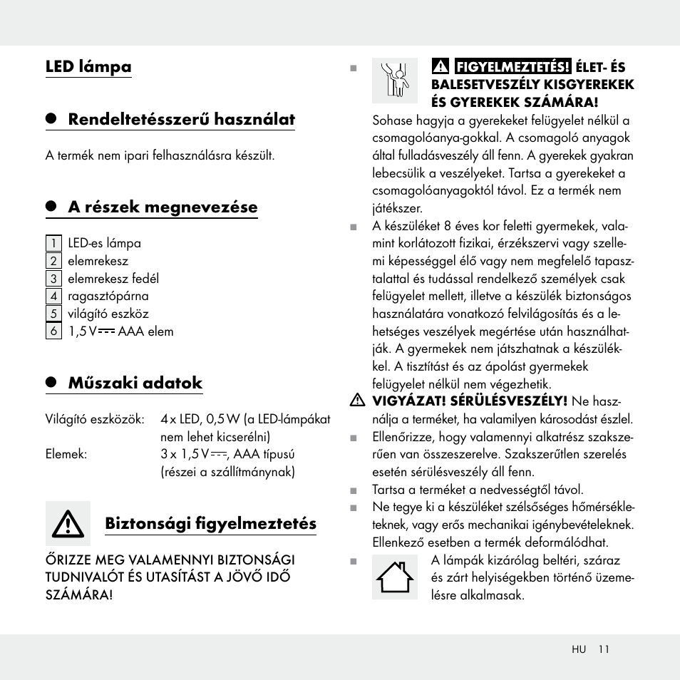 Led lámpa, Rendeltetésszerű használat, A részek megnevezése | Műszaki adatok, Biztonsági figyelmeztetés | Livarno Z29538A /Z29538B User Manual | Page 11 / 27