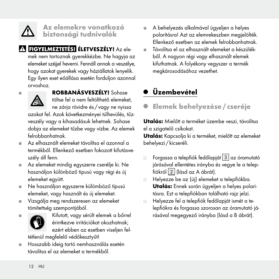 Az elemekre vonatkozó biztonsági tudnivalók, Üzembevétel, Elemek behelyezése / cseréje | Livarno Z29538A /Z29538B User Manual | Page 12 / 27