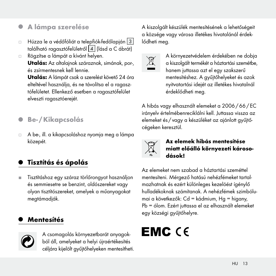 A lámpa szerelése, Be- / kikapcsolás, Tisztítás és ápolás | Mentesítés | Livarno Z29538A /Z29538B User Manual | Page 13 / 27
