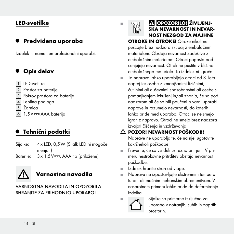 Led-svetilke, Predvidena uporaba, Opis delov | Tehnični podatki, Varnostna navodila | Livarno Z29538A /Z29538B User Manual | Page 14 / 27