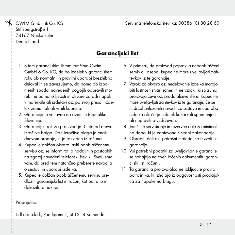 Garancijski list | Livarno Z29538A /Z29538B User Manual | Page 17 / 27