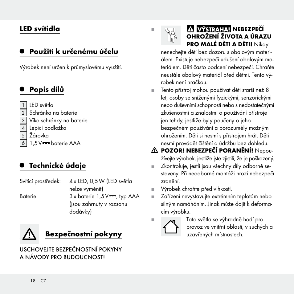 Led svítidla, Použití k určenému účelu, Popis dílů | Technické údaje, Bezpečnostní pokyny | Livarno Z29538A /Z29538B User Manual | Page 18 / 27